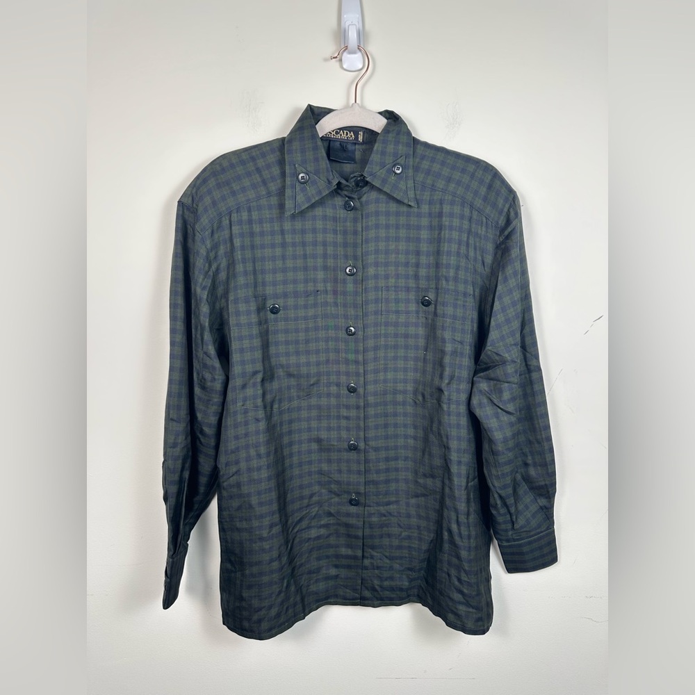 Escada Blouse Women S Green Navy Plaid Silk‎ Button Up Excellent Margaretha Ley